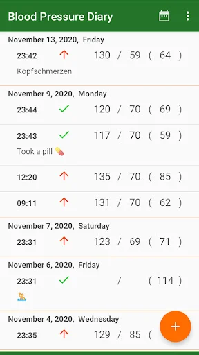 Blood pressure diary list view showing November 2020 entries with dates, times, systolic/diastolic readings, pulse, status indicators, and symptom notes.