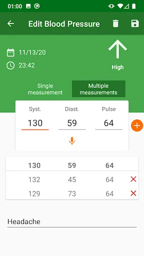Edit blood pressure entry screen displaying date, time, single/multiple measurement tabs, systolic/diastolic/pulse input fields, and high status indicator.