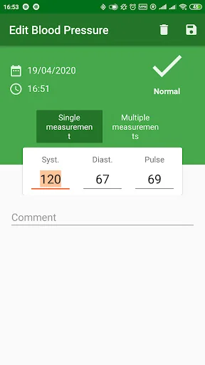 Edit blood pressure screen with normal status rating, date/time fields, systolic/diastolic/pulse measurements, and comment section for notes.