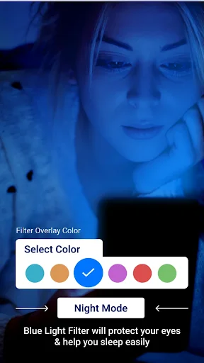Blue light filter color overlay selection interface with night mode feature to reduce eye strain and improve sleep