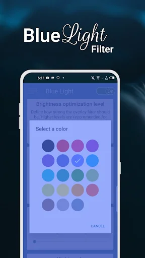Mobile app interface for blue light filter with brightness optimization and color palette selection options displayed