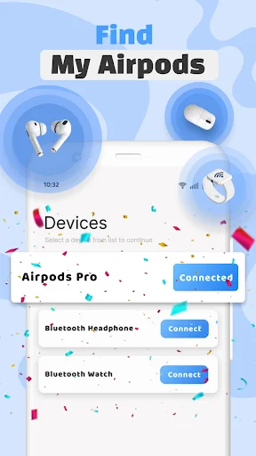 Find My Airpods interface displaying list of Bluetooth devices with connection status and individual Connect buttons