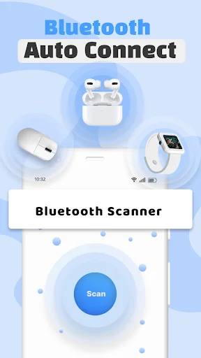 Bluetooth Auto Connect Scanner screen with large blue Scan button and Bluetooth device icons for device discovery