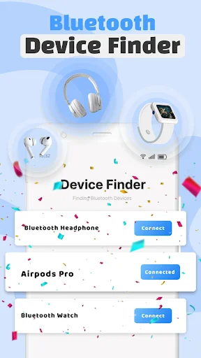 Bluetooth Device Finder app showing discoverable devices list including headphones, AirPods, and watch with Connect options