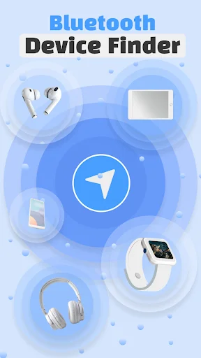 Bluetooth Device Finder compass navigation screen displaying multiple connected Bluetooth device icons and categories