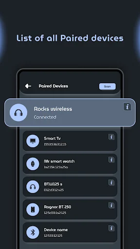 Paired Devices list displaying all connected Bluetooth devices with status indicators and device names with MAC addresses