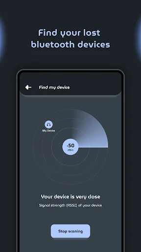 Find My Device feature screen with proximity gauge indicator showing signal strength at -50 dB for device location tracking