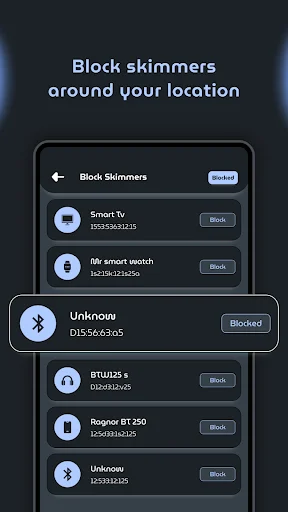 Block Skimmers interface displaying list of nearby Bluetooth devices with block and unblock buttons for security management