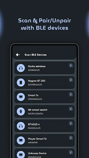 Scan BLE Devices screen showing list of available Bluetooth devices including Smart TV, fitness watches, and wireless speakers