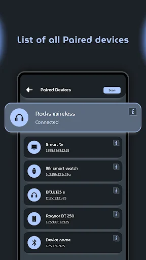 Paired Devices list displaying all connected Bluetooth devices with status indicators and device names with MAC addresses