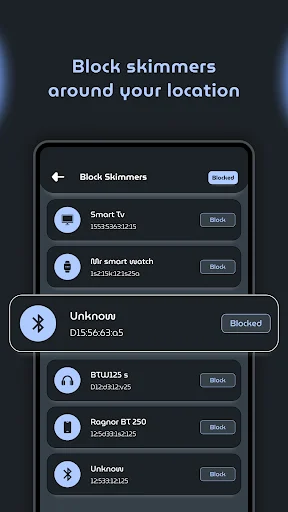 Block Skimmers interface displaying list of nearby Bluetooth devices with block and unblock buttons for security management