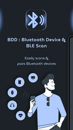 Bluetooth Finder & BLE Scanner app intro screen with icon and illustration showing device scanning and pairing capabilities