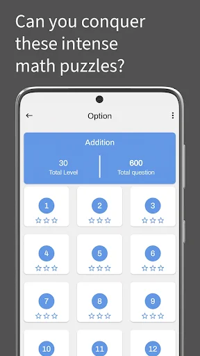 Quiz difficulty selection screen displaying 12 numbered options with star ratings and 30 total levels plus 600 total questions for Addition quiz mode