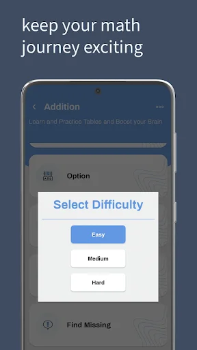 Difficulty selection popup menu with three options: Easy, Medium, and Hard buttons to customize math quiz challenge level for learners
