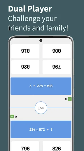 Dual player competitive math quiz screen showing two players solving addition problem '234 + 572 = ?' simultaneously with score tracking and timer