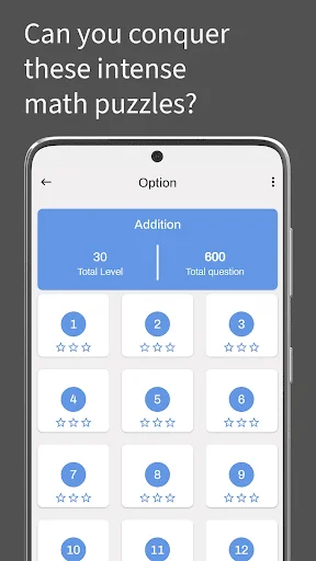 Quiz difficulty selection screen displaying 12 numbered options with star ratings and 30 total levels plus 600 total questions for Addition quiz mode