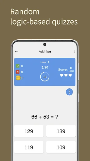 Random logic-based addition quiz question displaying '66 + 53 = ?' with four multiple choice answer options: 129, 139, 119, and 109