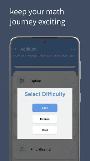 Difficulty selection popup menu with three options: Easy, Medium, and Hard buttons to customize math quiz challenge level for learners