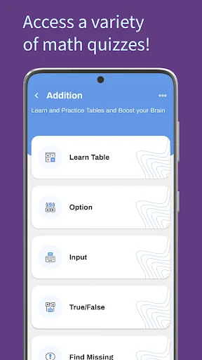 Addition quiz types selection screen displaying five quiz formats: Learn Table, Option, Input, True/False, and Find Missing options for math practice