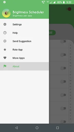 Brightness Scheduler menu showing Settings, Help, Send Suggestion, Rate App, More Apps, and About options