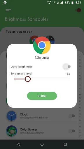 Chrome brightness level slider adjusted to 62 for customized app-specific brightness control