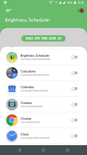 Brightness Scheduler main screen displaying enable buttons for brightness control on listed applications