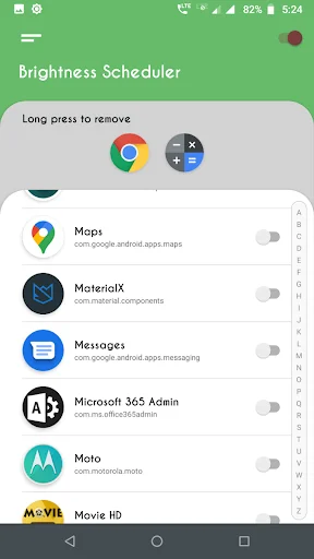 Brightness Scheduler app selection showing Maps, MaterialX, Messages, and additional available applications