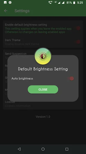 Settings showing Default Brightness Setting configuration with auto brightness toggle activated