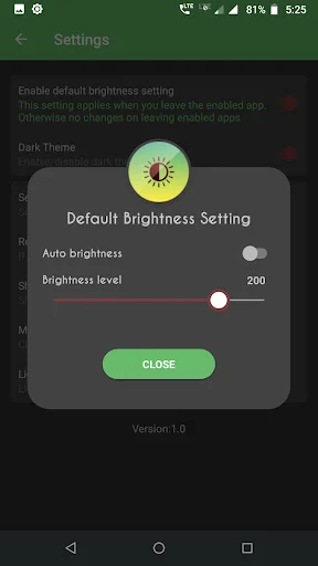 Default brightness level slider configuration set to 200 in Settings for system-wide brightness control