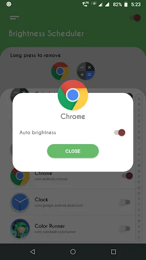 Long press Chrome app to remove it from the brightness scheduler with delete action confirmation