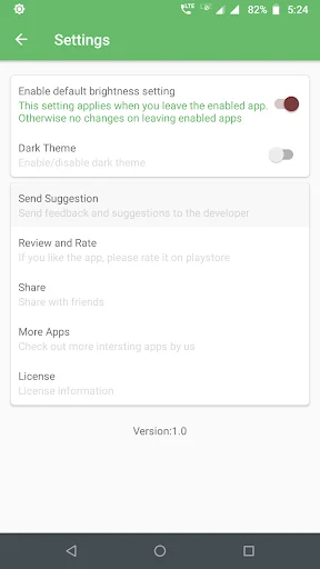 Settings screen displaying default brightness settings, dark theme toggle, and app preference options