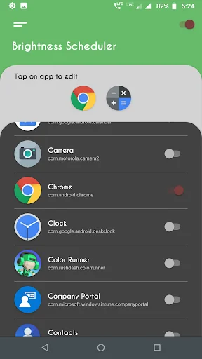 Brightness Scheduler main interface with Chrome and additional apps enabled showing brightness control toggles