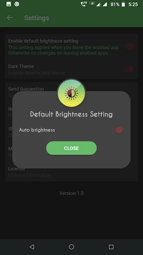 Settings screen in dark theme mode showing Default Brightness Setting dialog with auto brightness enabled
