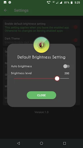 Default Brightness Setting configuration with brightness level slider control set to 200