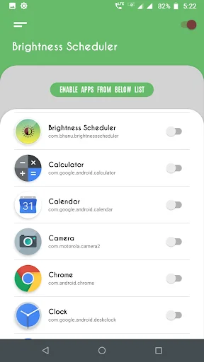 Brightness Scheduler app list with calculator, calendar, camera, chrome, and clock apps with toggle switches