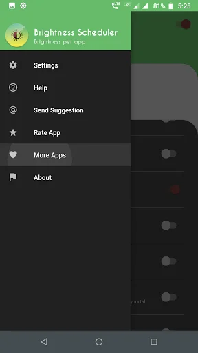 Brightness Scheduler menu drawer displaying Settings, Help, Send Suggestion, Rate App, More Apps, and About menu items
