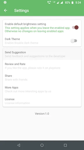 Brightness Scheduler settings page with default brightness setting enabled toggle and dark theme option