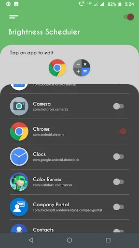 App selection screen showing multiple apps Camera, Chrome, Clock, Color Runner, Company Portal, Contacts with toggle switches