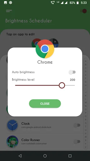 Chrome browser brightness settings dialog with auto brightness toggle and brightness level slider adjustment