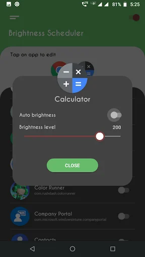 Calculator app brightness control dialog with dark background showing auto brightness toggle and brightness slider set to 200