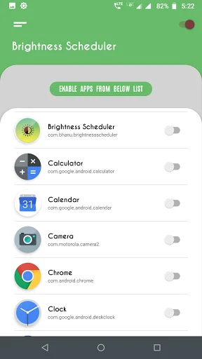 Brightness Scheduler main app list screen showing apps available for brightness scheduling including Calculator, Calendar, Camera, Chrome, Clock
