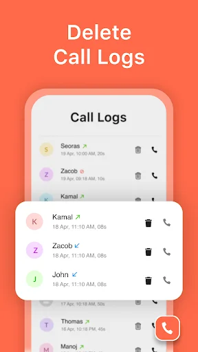 Call logs list interface with individual contacts showing delete buttons to remove and manage call history entries