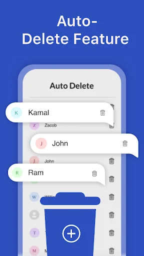 Auto-delete feature showing contacts list with trash icon and delete buttons for automatic call log removal