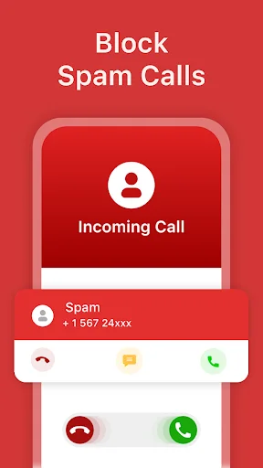 Spam call blocking interface displaying incoming spam call alert with options to reject or answer blocked calls