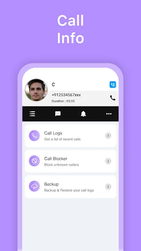 Contact information screen showing call details, duration, and menu options for call logs, blocker, and backup management