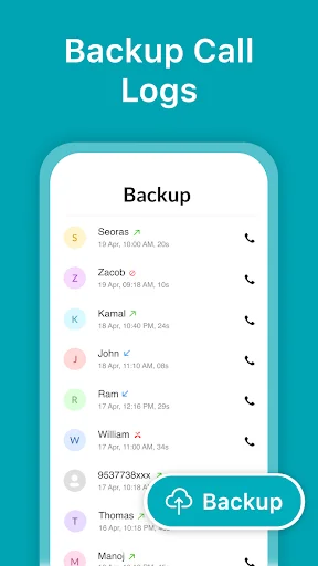 Call logs backup interface displaying contacts list with prominent backup button to save and restore call history
