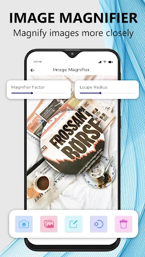 Image magnifier app screen showing magnified magazine content with magnifier factor and loupe radius adjustment controls