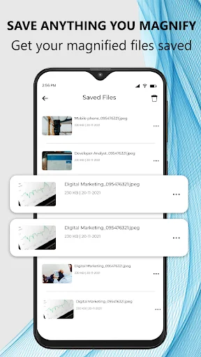 Saved files gallery displaying list of magnified images with thumbnails, filenames, file sizes and timestamps