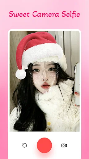 Sweet Camera Selfie app with Santa filter - red and white Christmas hat and snowy face effect with capture button