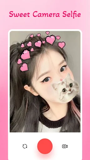 Sweet Camera Selfie app with heart crown filter - pink heart decorations in hair with camera capture button